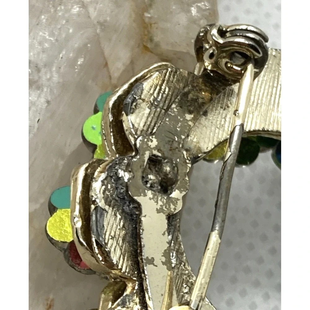Vintage Gold Tone Watermelon AB Crystal Flower Wreath Bow Pin Brooch‎ Holiday